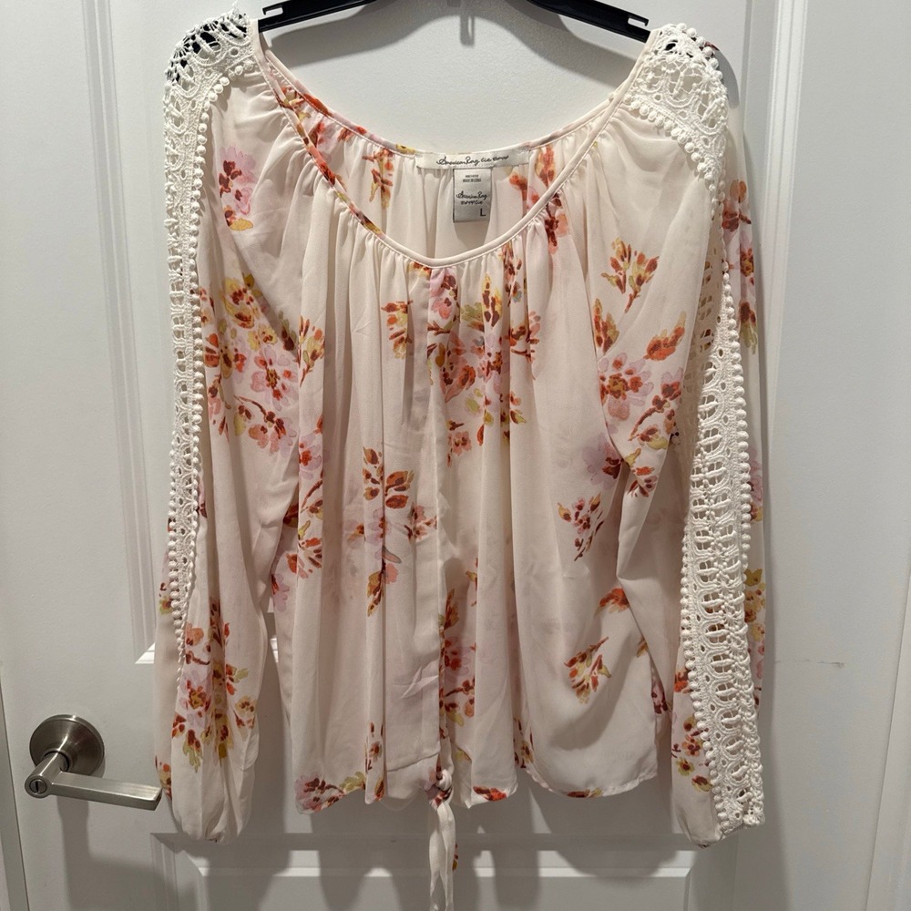 American Rag Cie Women's Floral Semi Sheer Blouse Size L